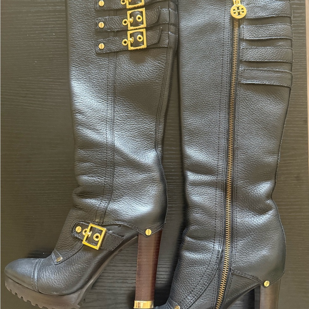 Tory Burch Black Leather Knee-High Boots with Gold Accents